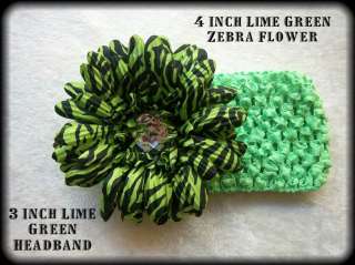   Zebra 4 inch Flower and Lime Green Headband Size newborn adult  