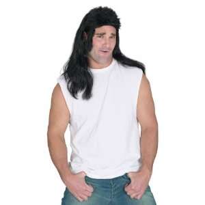 Redneck Country Singer 80s Style Flat Top Black Mullet Wig With Chops 