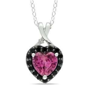 Sterling Silver Created Pink Sapphire Black Spinel and Diamond Heart 