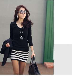 R050 New Korea black Womens Round Crew Neck Long Sleeve Casual party 