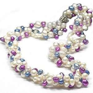 Blue, Purple & White Freshwater Pearl 3 Row Necklace