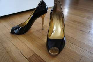   Black & Gold Statement Peep Stiletto Heels Outfitters Leather 7M Urban