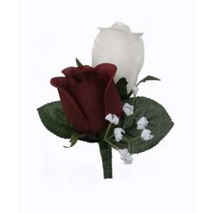  Burgundy and Ivory Silk Rose Double Boutonniere 