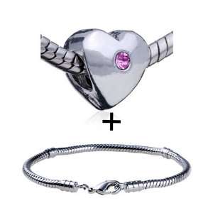  Birthstone Heart Pattern European Charm Bead Bracelets Pink Bracelet 