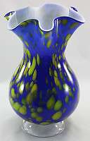 Tall Cobalt Blue / Yellow Murano Art Glass Ruffle Vase  