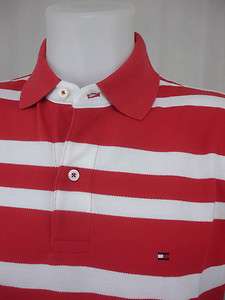 New Tommy Hilfiger Mens Golf Polo Shirt Logo Striped Mesh Red White 