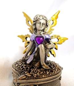   Yellow Wings Metal Fairy Magnetic Hinged Trinket Box Gem Heart  