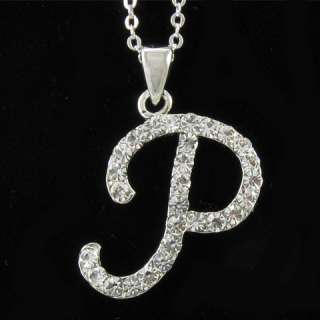 SILVER TONE INITIAL LETTER P CRYSTAL PENDANT NECKLACE P  
