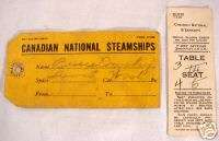 Old Canadian National Steamships Bag Tag & Dining Check  