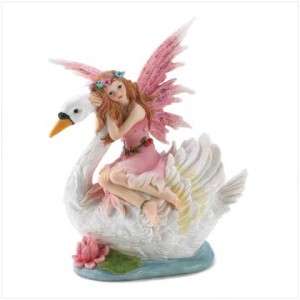 FAIRY w/ Pink Wings & Dress Riding White SWAN on Pond STATUE/Figurine 
