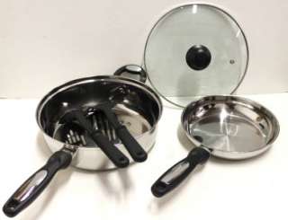 5PC Set of Stainless Steel 3qt Covered Skillet, 8 open fry pan & 2 