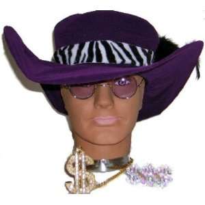  70s Purple Pimp Fancy Dress Hat Glasses Ring Medallion 