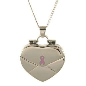  Ribbon Cancer Awareness Heart Locket Stainless Steel Necklace Jewelry