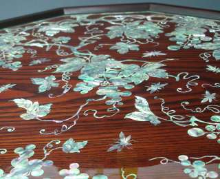 Mother of Pearl Inlay Grape Design Wood Round Tea Sofa Coffee Table 