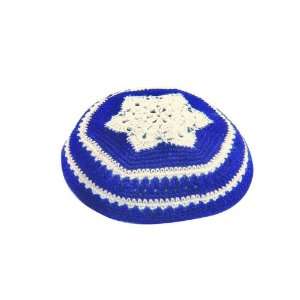 17 Centimeter Blue Knitted Kippah with Two White Stripes and Star of 