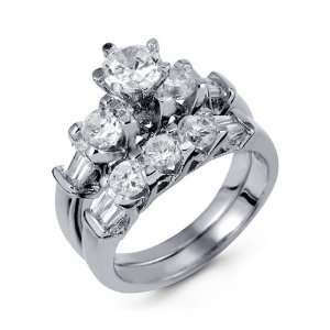    925 Silver Round Baguette CZ Engagement Band Ring Set Jewelry