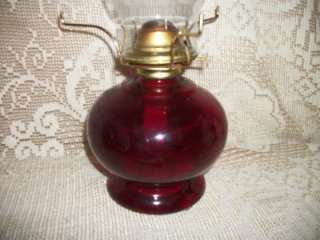 VINTAGE OIL LAMP RED RUBY GLASS WITH GLASS CHIMNEY  