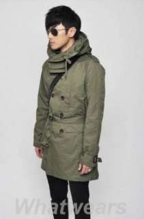 Mens Hooded Slim Double Breasted Long Trench Coat Jacket Olive Green 