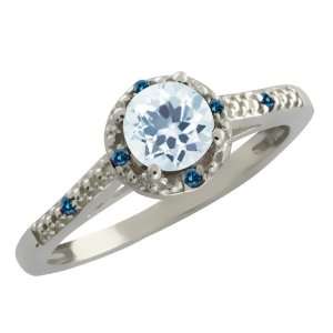   47 Ct Round Sky Blue Aquamarine and Blue Diamond Sterling Silver Ring