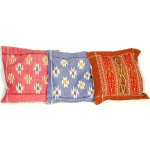  Lot of Three Cushion Covers from Hyderabad with Ikat Weave 