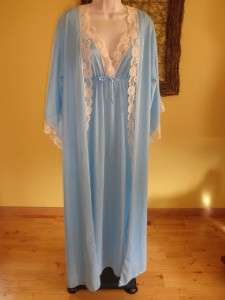 Vintage ALDENAIRE sheer light blue 2 pc nightgown & robe lace long L 