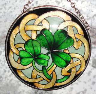 Irish Lucky Green Clover SUNCATCHER Stained Glass Shamrock Knot  