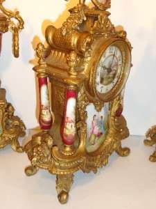 Antique French Marti Clock Garniture Set HP Porelain Lovers Art w 