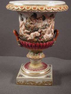 Antique 8 Capo di monte Urn Vase, Dancing Putti & Satyr Handles 