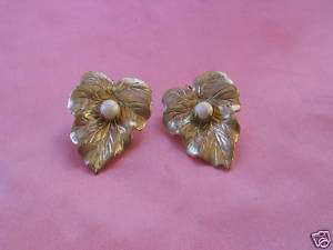 Vintage Sarah Coventry Gold Leaf & Faux Pearl Earrings  