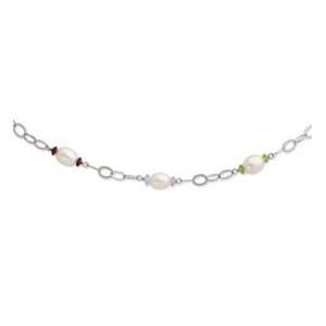   Silver 8 9mm White FW Cultured Pearl & stone w/2in ext. Necklace