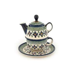   Polish Pottery Mosaic Flower Individual Teapot & Cup