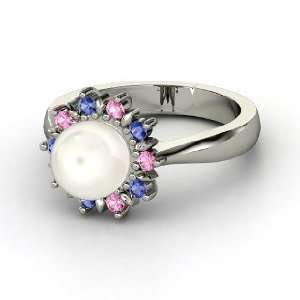 Flowering Pearl Ring, White Cultured Pearl Platinum Ring with Sapphire 