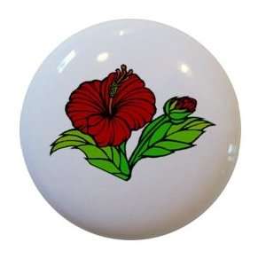   Red Hibiscus Flower Ceramic Cabinet Drawer Pull Knob: Everything Else