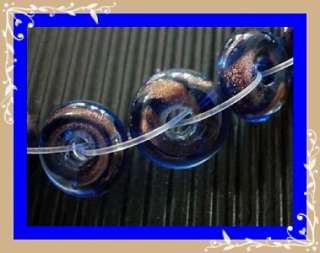   Deep Blue Hollow Round Flat Lampwork Glass Beads with Gold Pattern