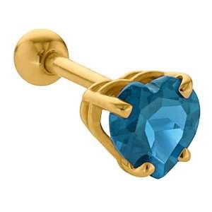   Blue Topaz Heart Cut 14K Yellow Gold Cartilage Stud Earring Jewelry