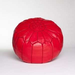  Classic Red Moroccan Leather Pouf, Stuffed