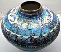 Native American Navajo Handmade XL Horsehair Hand Etched Blue Pottery 