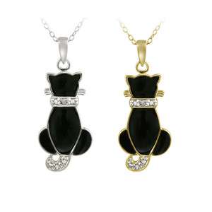 925 Silver Diamond & Black Enamel Cat Pendant  2 Metals  