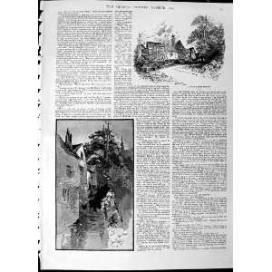    1890 Antique Print Moat Building House Trees