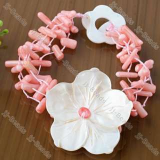 Pink Coral MOP Shell Carved Flower Cuff Bracelet Bangle  