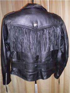   Heavy Weight Black Leather Fringed Motorcycle Jacket with Conchos