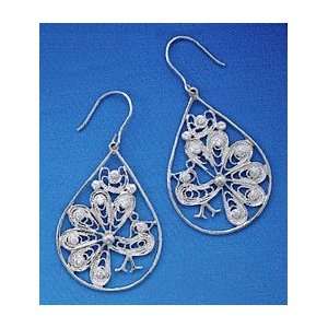   Sterling Silver French Wire Earrings, 1 1/4 inch, Peacock Design