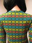   70s Green Geometric Checkered Sweater Shirt S Small Keyhole Neckline
