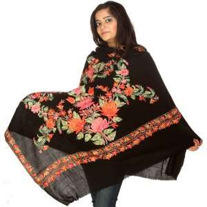  Black Kashmiri Shawl with Floral Ari Embroidery   Pure 