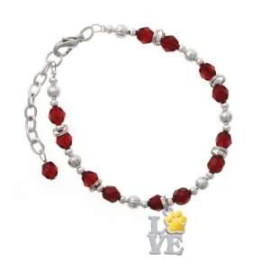 Silver Love with Yellow Paw Maroon Czech Glass Beaded Charm Bracelet 