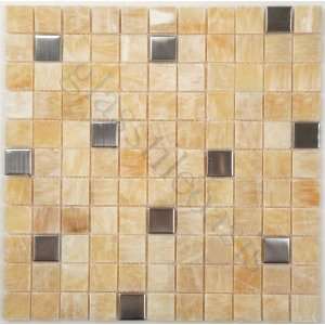 Brushed Stainless Steel and Honey Onyx Marble Square Mix 1 x 1 Cream 