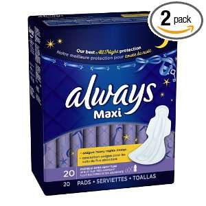 Always Maxi Overnight Extra Heavy Flow with Wings, Unscented Pads, 20 