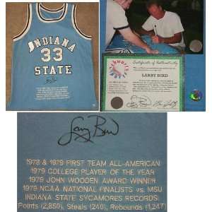   : Larry Bird Signed Indiana State Stat Blue Jersey: Sports & Outdoors