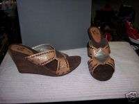 Report New Brown Leather Slide With Wood Wedge Platform US 10  