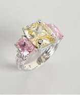 Judith Ripka canary crystal and pink crystal triple stone ring style 